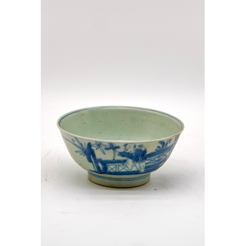 51 - Cargo Shipwreck Blue & White Bowl With Landscape Scene and depiction of child playing and picking a ... 