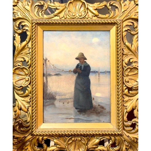 72 - Fisher Woman Mending Nets Oils On Canvas Orignal Frame Circa 1900 Dutch Style Artist Unknown