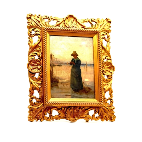 72 - Fisher Woman Mending Nets Oils On Canvas Orignal Frame Circa 1900 Dutch Style Artist Unknown