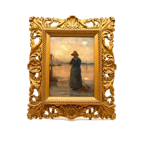 72 - Fisher Woman Mending Nets Oils On Canvas Orignal Frame Circa 1900 Dutch Style Artist Unknown