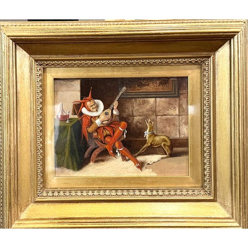 54 - Court Jester and Hound Circa 1880's Oils on PanelSigned and labelled (unkown artist)Size 24cm by 14c... 