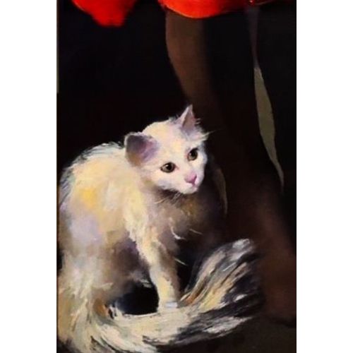 2 - Karen In Red Dress With A Cat By Robert Lenkiewicz Oils On Canvas Circa 1998 Glazed & Original F... 