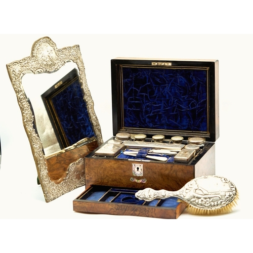 56 - Walnut Lady's Blue Velvet Dressing Case,  (Circa, 1872) (Mirror and brush in photo are separate not ... 