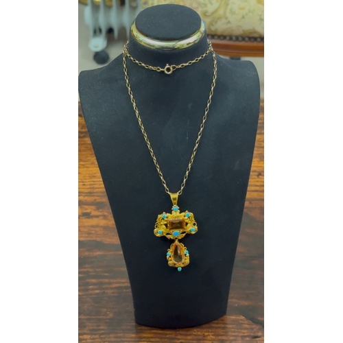 121 - A rare Georgian Regency Topaz and Turquoise !8ct Yellow Gold Neclace and 9ct Chain.