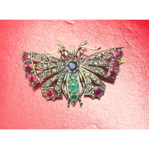 137 - Diamond Ruby Emerald and Sapphire Butterfly BroochCirca 1880-1900