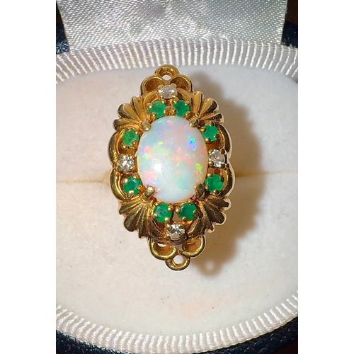 133 - Ornate Opal Emerald and Diamond 18ct Ring Yellow Gold