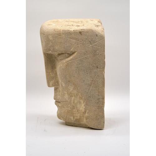 28 - Modern Bust In Brutalist Style. Sculpted in sandstone. Size 41cm by 12cm approx.