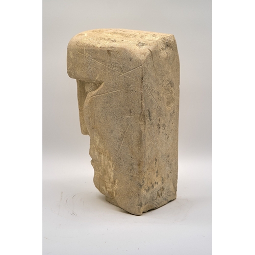 28 - Modern Bust In Brutalist Style. Sculpted in sandstone. Size 41cm by 12cm approx.