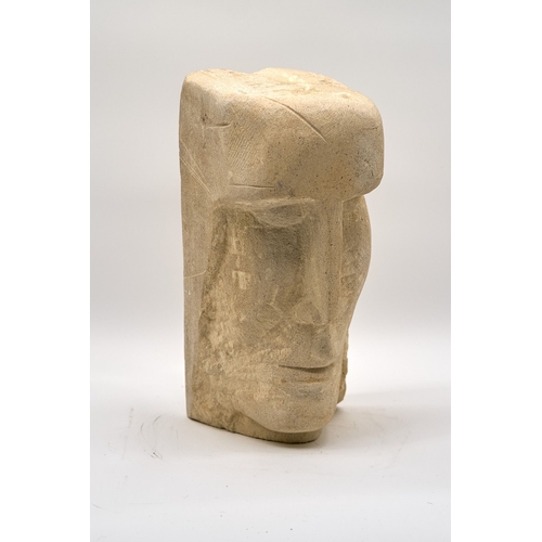 28 - Modern Bust In Brutalist Style. Sculpted in sandstone. Size 41cm by 12cm approx.