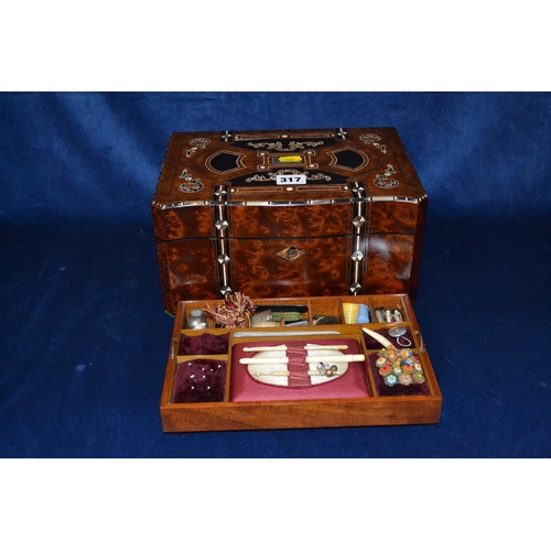 317 - 19TH CENTURY RICHLY INLAID BURR WALNUT WORK BOX FITTED TRAY AND ACCESSORIES