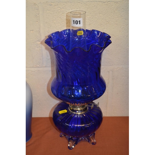 101 - BRISTOL BLUE GLASS OIL LAMP AND MATCHING SHADE