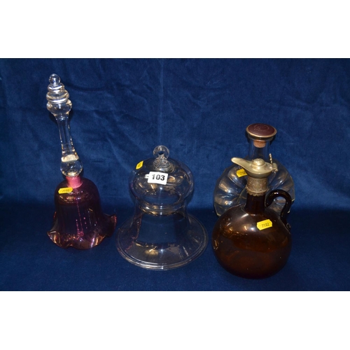 103 - CRANBERRY GLASS BELL, GLASS SMOKE TRAP, VICTORIAN AMBER GLASS FLASK AND REMY MARTIN COGNAC BOTTLE