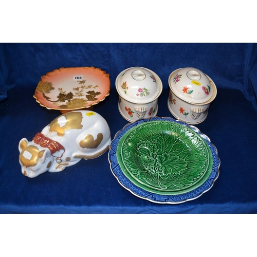 104 - PAIR OF FRENCH OVAL WHITE AND FLOWERED TUREENS, ORIENTAL CHINA CAT, GREEN LEAF PLATES, ETC