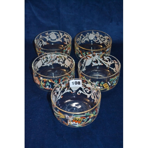 108 - SET OF FIVE BOHEMIAN CIRCULAR GLASS FINGER DISHES WITH ENAMEL DECORATION DEPICTING PLUMES AND SHIELD... 