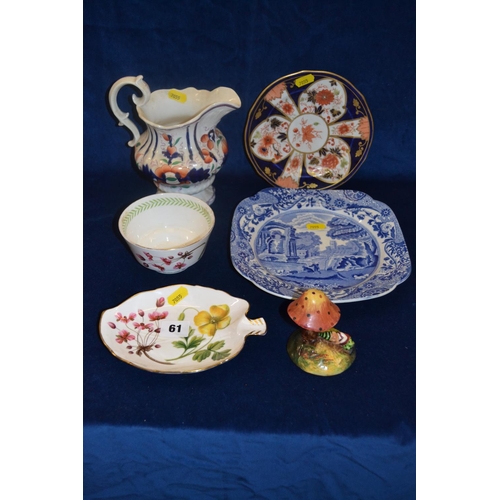 61 - ROYAL CROWN DERBY IMARI PLATE, SPODE ITALIAN PLATE, LUSTRE JUG, SPODE COUNTRY LANE DISH AND BOWL AND... 