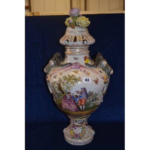 63 - 19TH CENTURY MEISSEN PORCELAIN POT POURRI VASE AND COVER WITH FIGURES IN LANDSCAPE, GOAT HEAD HANDLE... 