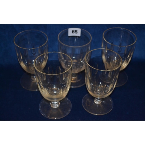 65 - FIVE 19TH CENTURY GLASS PANEL CUT RUMMERS ON CIRCULAR FEET (13.5cm)
