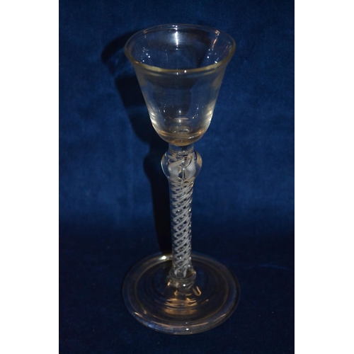 67 - 18TH CENTURY TRIPLE AIR TWIST WINE GLASS WITH KNOP COLLAR AND FOLDED FOOT (17cm)