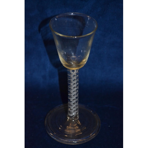 68 - 18TH CENTURY TRIPLE AIR TWIST WINE GLASS ON FOLDED FOOT (15.5cm)