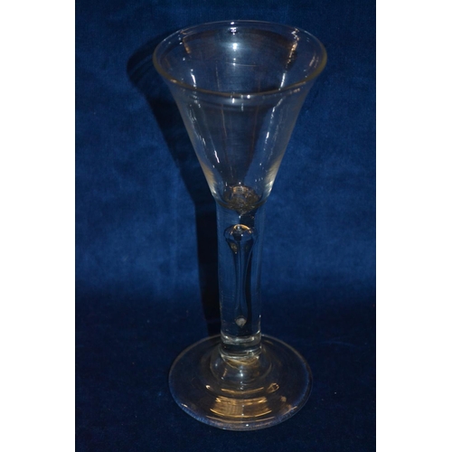 72 - 18TH CENTURY WINE GLASS WITH TEAR DROP STEM ON CIRCULAR FOOT