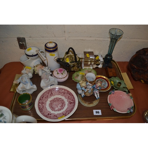 86 - COPELAND BLUE, WHITE AND GILT CHOCOLATE POT, QUANTITY OF DECORATIVE DISHES, ETC