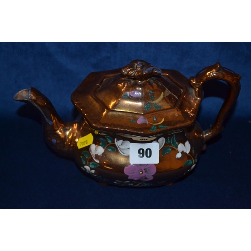 90 - 19TH CENTURY COPPER LUSTRE TEAPOT DECORATED FLOWERS