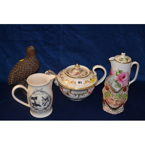 91 - HAMMERSLEY BONE CHINA ROSE PATTERN HOT WATER JUG, TERRACOTTA PARTRIDGE, 19TH CENTURY TEAPOT, ETC