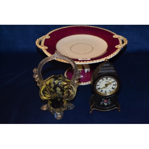 95 - 19TH CENTURY CHINA COMPORT, MARBLED GLASS BASKET AND SMALL PAINTED CLOCK