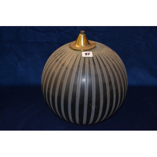 97 - RETRO BLACK, GREEN AND CLEAR STRIPED GLASS SPHERICAL SHADE