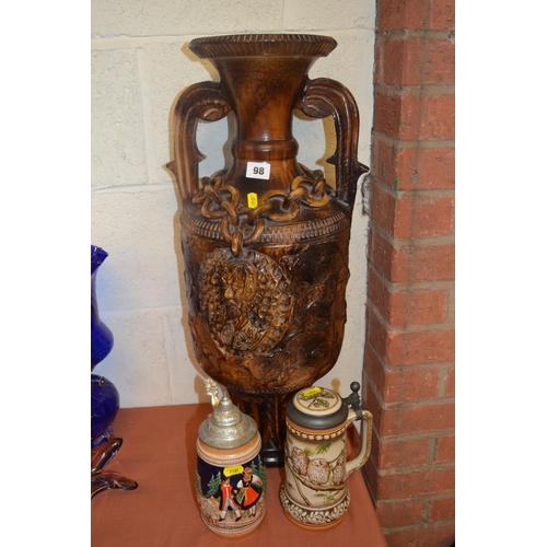 98 - LARGE TWO HANDLED STONEWARE VASE EMBOSSED BUSTS WITH CHAIN LINK AND TWO GERMAN BEERSTEINS
