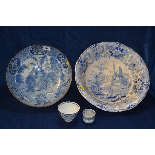 99 - TWO 19TH CENTURY BLUE AND WHITE TRANSFER PRINTED BOWLS, TEA BOWL AND NAPKIN RING