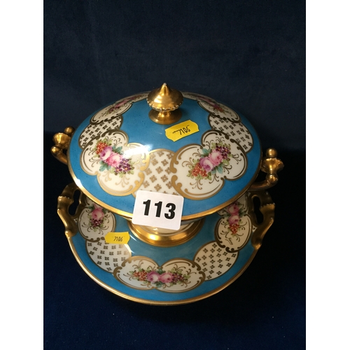 113 - LIMOGES PALE BLUE, GILDED AND FLOWERED 2 HANDLED BONBON DISH, WITH FINIAL LID, ON STAND