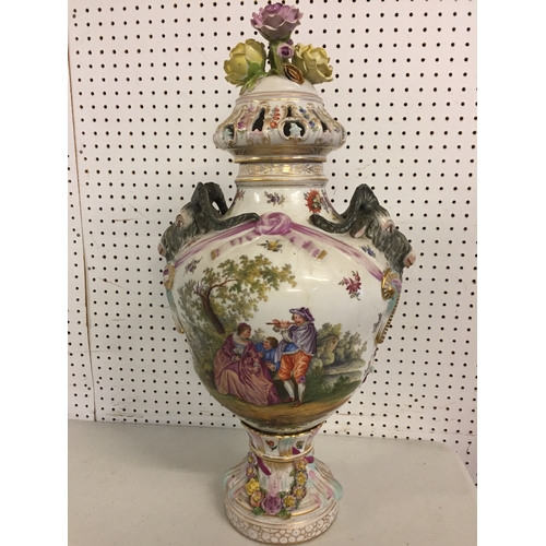 63 - 19TH CENTURY MEISSEN PORCELAIN POT POURRI VASE AND COVER WITH FIGURES IN LANDSCAPE, GOAT HEAD HANDLE... 