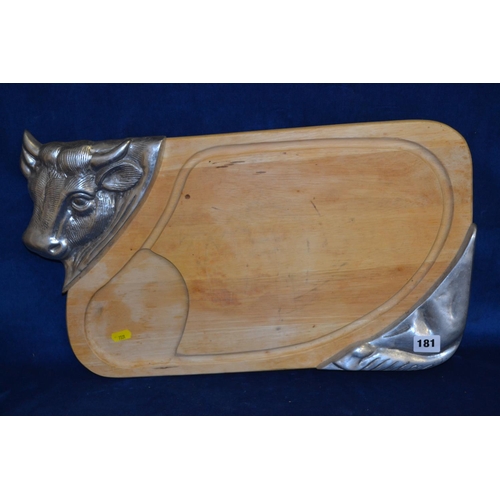 181 - CARVED WOOD CHOPPING BOARD WITH 2 CORNERS MOUNTED IN PEWTER WITH BULLS HEAD AND TAIL