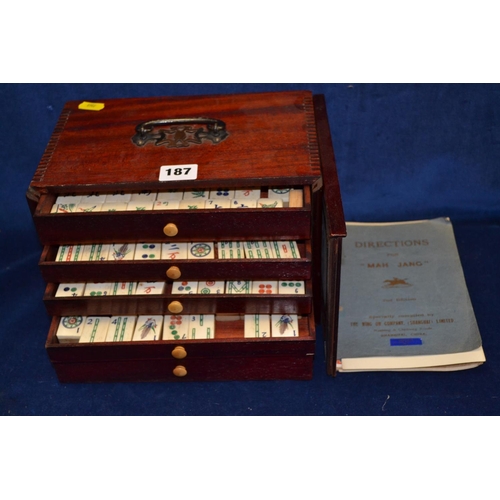 187 - MAHJONG GAME IN 5 DRAWER CABINET WITH SLIDE OUT FRONT AND CHINESE HIEROGLYPHICS