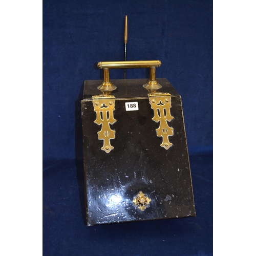 188 - VICTORIAN BLACK JAPANNED AND BRASS MOUNTED COAL BOX WITH LATER SHOVEL