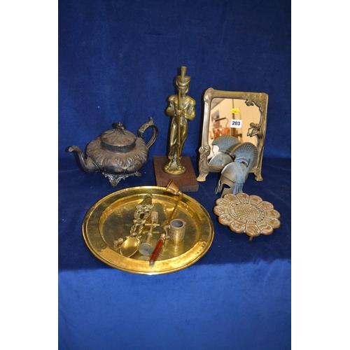 203 - BRITANNIA METAL TEAPOT, BRASS ART NOUVEAU STYLE MIRROR, BRASS MILITARY FIGURE, ETC