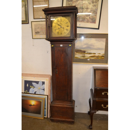 688 - 18TH CENTURY GRANDFATHER CLOCK WITH ENGRAVED SQUARE BRASS DIAL IN OAK CASE BY THOMAS CORRALL, LUTTER... 