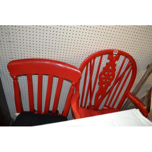 689 - RED PAINTED WINDSOR ARMCHAIR AND SINGLE CHAIR