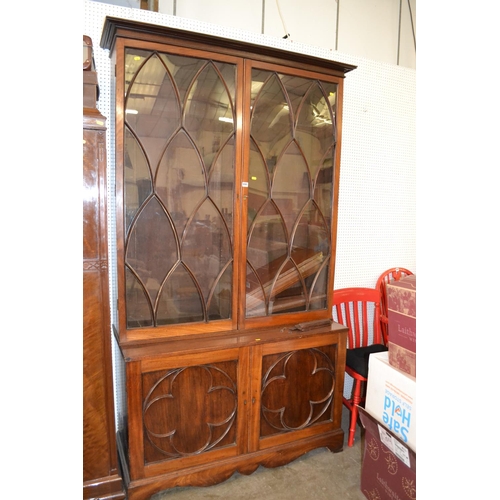 690 - REGENCY CHIPPENDALE DESIGN MAHOGANY BOOKCASE / CUPBOARD FITTED SHELVES ENCLOSED BY PAIR OF QUATREFOI... 