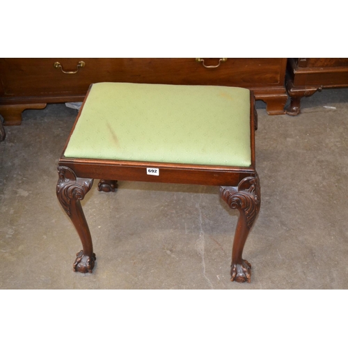 692 - 19TH CENTURY RECTANGULAR MAHOGANY DRESSING STOOL ON CARVED CABRIOLE LEGS, BALL AND CLAW FEET