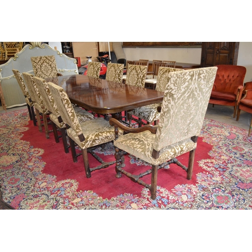 693 - REGENCY STYLE TWIN PEDESTAL MAHOGANY DINING TABLE (2 SPARE LEAVES) (270CM X 100CM) AND HARLEQUIN SET... 