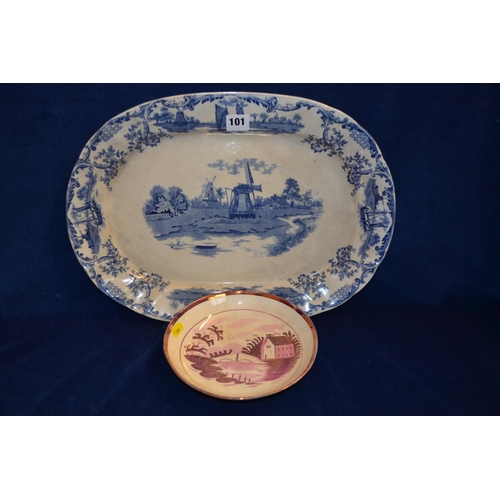 101 - 19TH CENTURY STAFFORDSHIRE BLUE AND WHITE DELPH TRANSFER PRINTED MEAT PLATE (45CM) AND SUNDERLAND LU... 