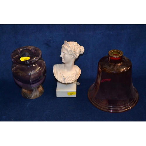 107 - 19TH CENTURY CRANBERRY GLASS HAND BELL (NO HANDLE), AMETHYST GLASS VASE AND BUST OF ROMAN EMPRESS