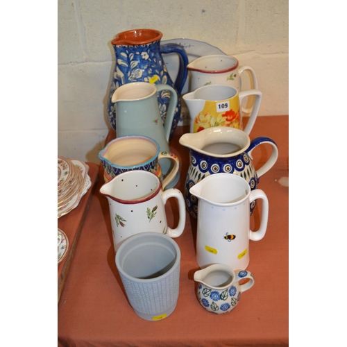 109 - COLLECTION OF 9 VARIOUS POTTERY JUGS, VILLEROY AND BOCH 