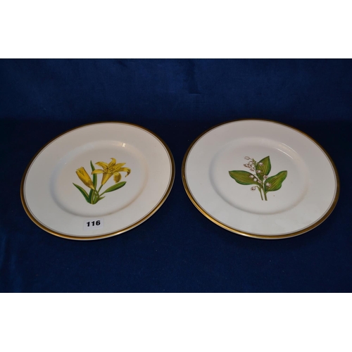 116 - PAIR OF ROYAL WORCESTER HAND PAINTED BOTANICAL PLATES DECORATED LILY AND LILY OF THE VALLEY WITH GIL... 