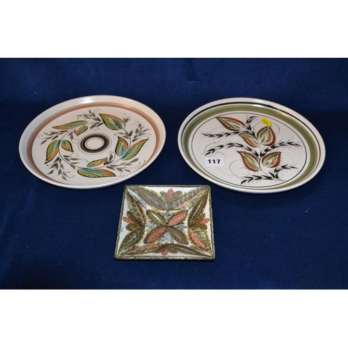 117 - PAIR OF DENBY STONEWARE PLATES AND SQUARE DISH