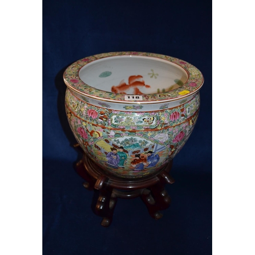 118 - CHINESE POLYCHROME JARDINIERE WITH PANELS DECORATED FIGURES AND FLOWERS ON WOOD STAND