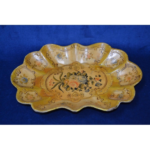 166 - 19TH CENTURY PAPIER MACHE SHAPED DISH HAND PAINTED FLOWERS