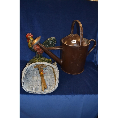 210 - OLD 2 GALLON SELDRAY GALVANISED WATERING CAN, TRUG, TWO 19TH CENTURY METAL PLANT MARKERS AND COCKERE... 